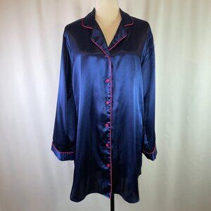Maidenform Size L Rich Navy Satin Nightshirt Pink Contrast Piping Long Sleeves